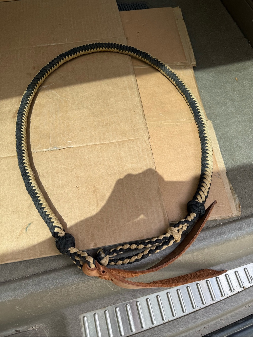 Braided Western WHIP w/ leather popper ties Black & Tan Paracord